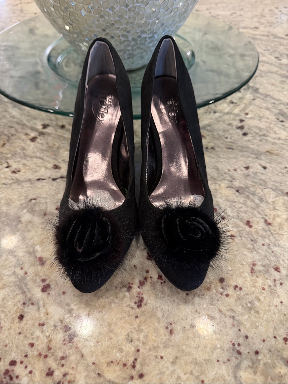 Black Pointed-Toe Pumps with Fur Rosette Accent - Women